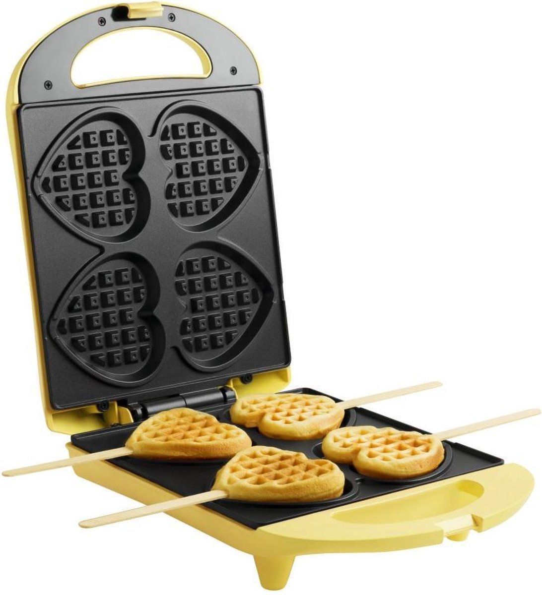 Bestron Wafelijzer voor hartvormige Wafels, Wafelijzer hartvorm op een stokje, Wafelmaker met antiaanbaklaag & indicatielampje, incl. 20 houten stokjes, kleur: Geel