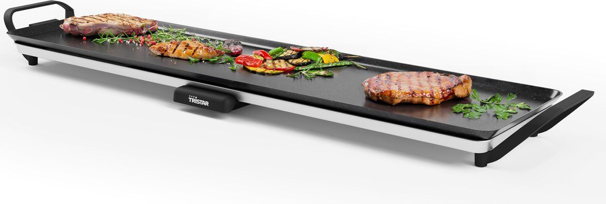 Tristar Grillplaat BP-2669 - Tafelgrill XL 90 x 23 cm - Voor binnen en buiten - BPA Free - Gourmet bakplaat voor op tafel - 10 personen - Met regelbare thermostaat - Anti-aanbaklaag - Zwart