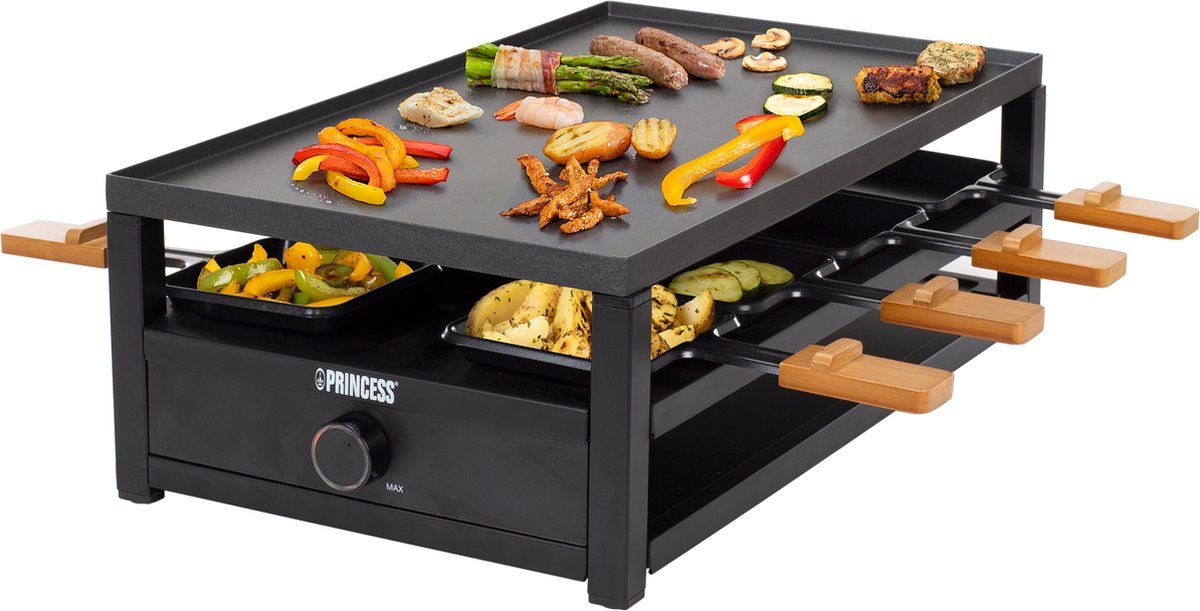 Princess Gourmetstel 162655 - Black Steel Raclette - Grill & Bakplaat - 8 personen - Groot 44 x 25cm - Zwart met bamboe - Regelbare thermostaat - 1300W - 1,5 meter snoer - 8 pannetjes