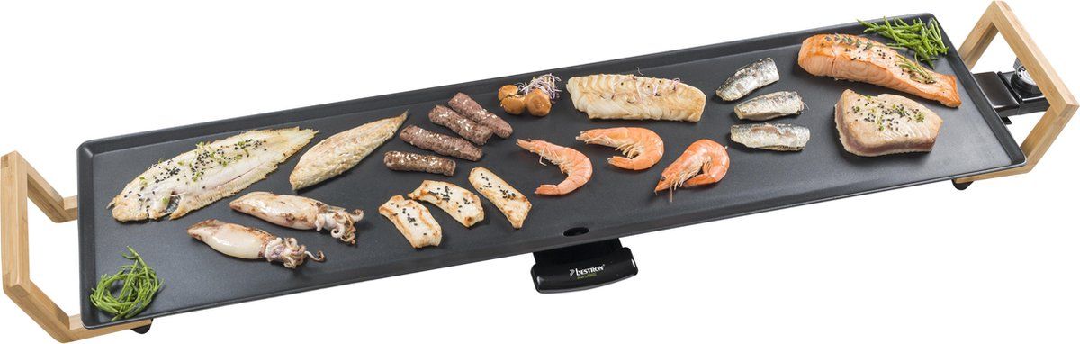 Bestron elektrische XXL Grillplaat voor 8 Personen, Teppanyaki Bakplaat met antiaanbaklaag & bamboe handgrepen, in aziatisch design, 1800W, kleur: zwart