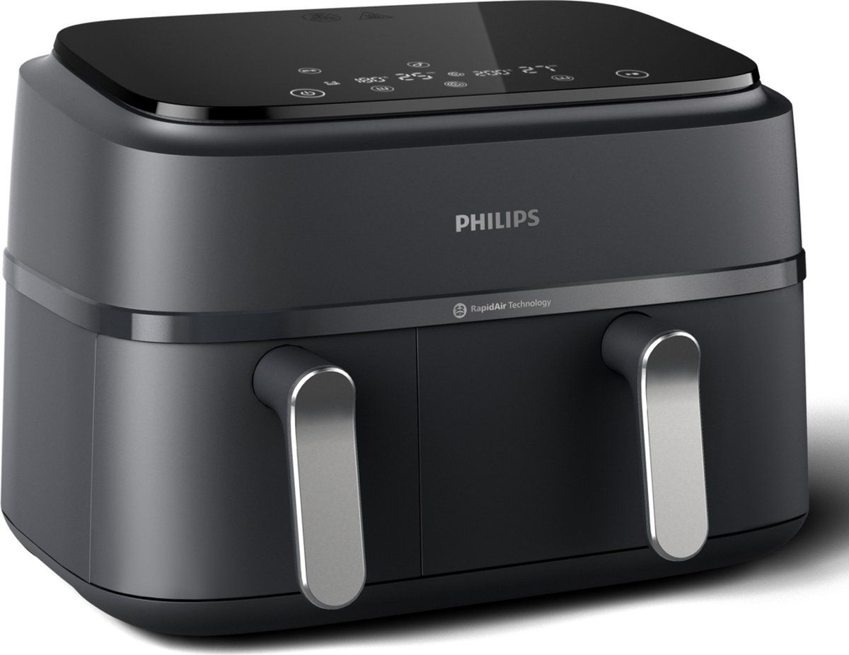 Philips 3000 Series Dual Airfryer NA351/00 - Dubbele Mand - 9L - Tot 6 Personen - Zwart/Zilver