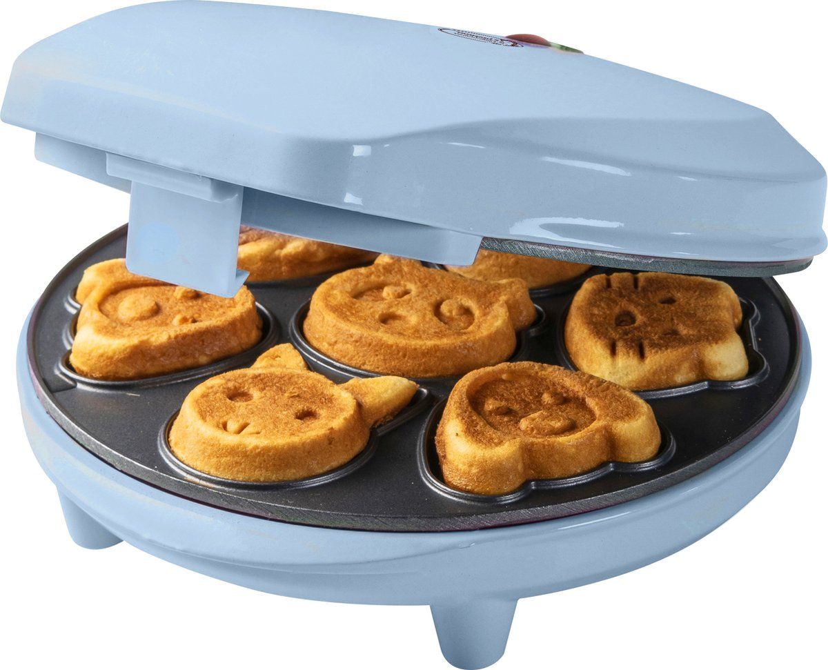 Bestron Wafelijzer voor Mini Cookies, Cakemaker voor mini cakes, met bakindicatielampje & antiaanbaklaag, koekjes in dierenvorm, 700 Watt, kleur: blauw