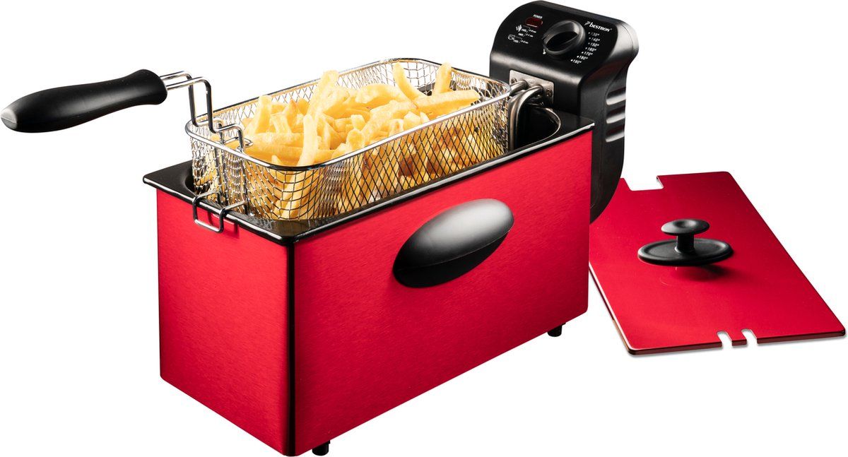 Bestron friteuse met koude zone, frituurpan met mand, inclusief traploos instelbare temperatuurregelaar, 2000W, 3,5 L, kleur: rood