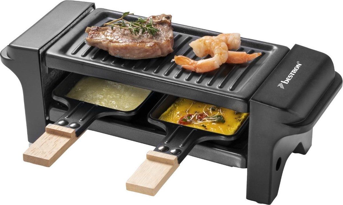 Bestron Mini Raclette, Gourmetstel voor 1 tot 2 personen, incl. 2 pannen, 2 houten spatels & 2 onderzetter, met antiaanbaklaag, 350W, kleur: zwaart/hout