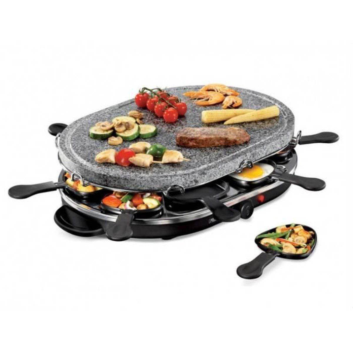 Princess Gourmetstel 162720 - Oval Steengrill & Raclette Party – 8 personen - 2 meter snoer - Regelbare thermostaat - 1200W - 8 pannetjes