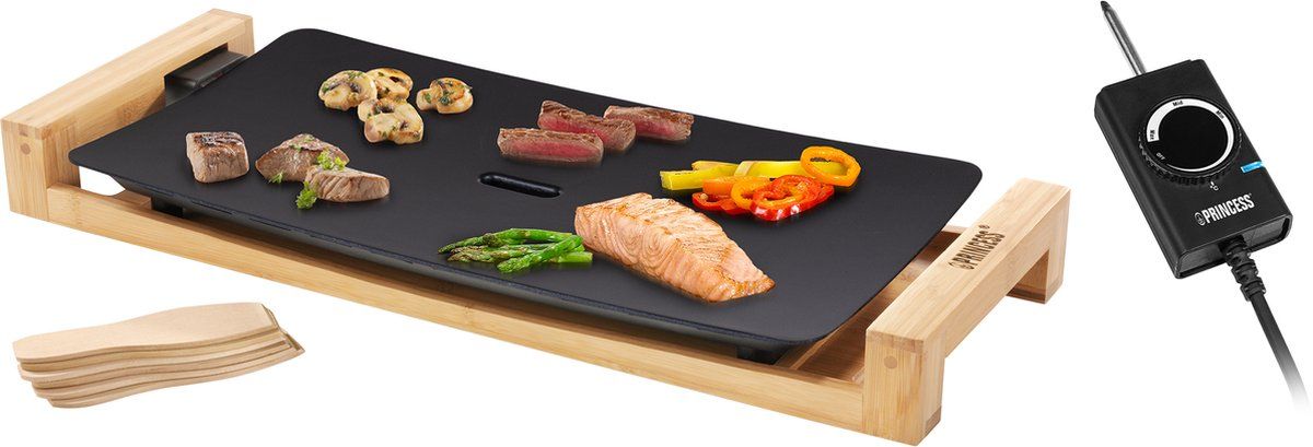 Princess Table Chef Pure Black 103026 - Gourmet - Grill & Bakplaat - 50x25 cm - Regelbare thermostaat - 2 meter snoer - 2200 Watt - Bamboe