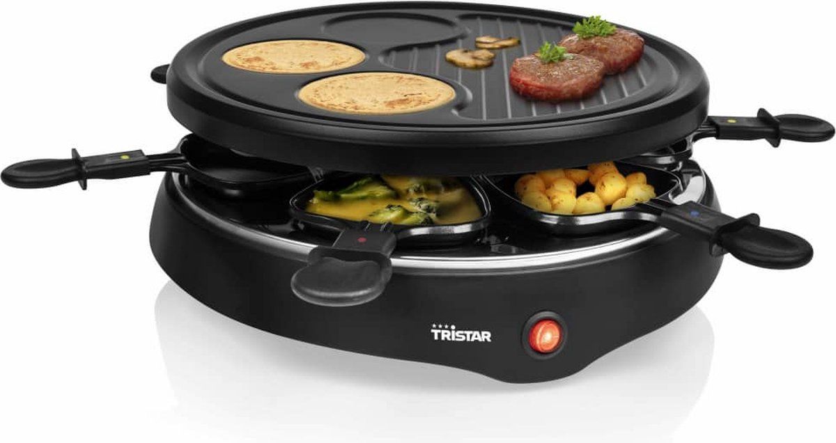 Tristar Gourmetstel RA-2998 - Gourmet Raclette 6 personen - Grillplaat met crêpevorm - Gourmetset rond - Zwart