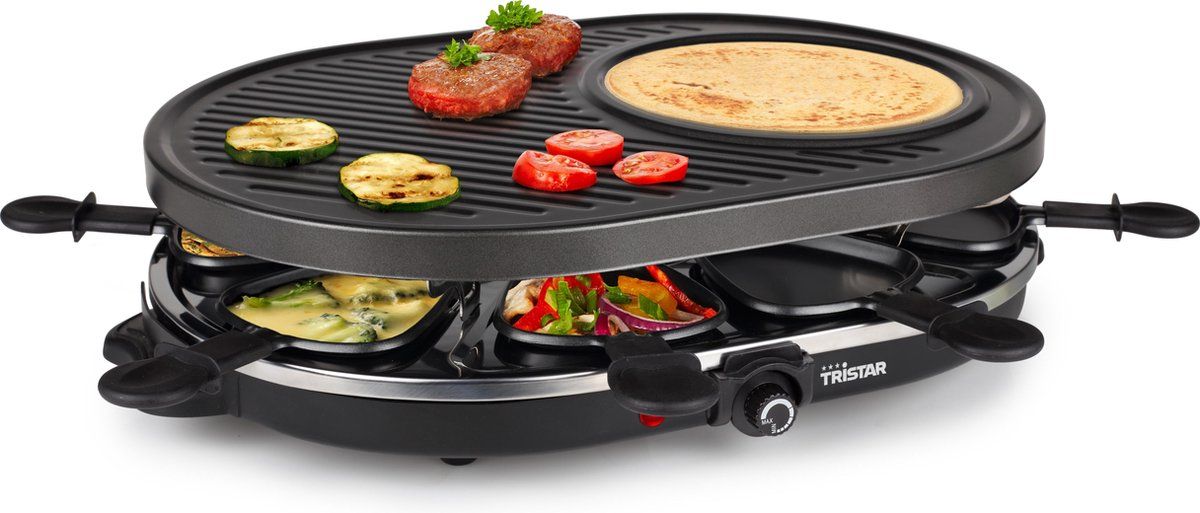 Tristar Gourmetstel RA-2996 - Gourmet Raclette 8 personen - Grillplaat met pannenkoekenvorm - Zwart