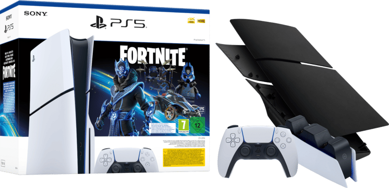 PS5 Slim Disc Edition Fortnite + Covers Zwart + Extra Controller + Oplaadstation