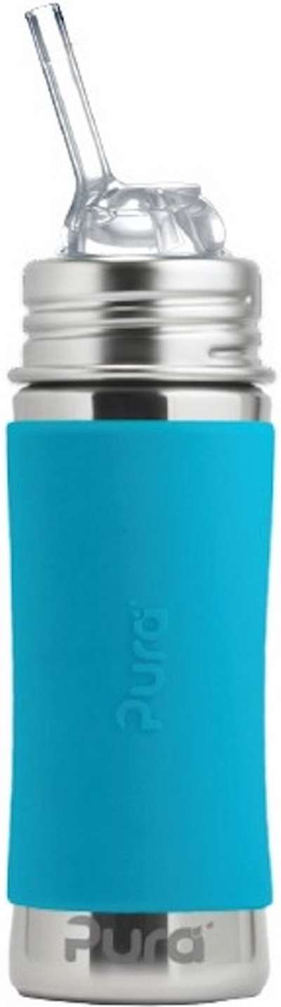 Pura Rietjesfles Free Flow 325 ml - Drinkfles - Bidon - Plasticvrij - Vaatwasserbestendig - Op 2 Manieren te Gebruiken - Medische Kwaliteit Siliconen - Inclusief Siliconen Rietje Free Flow, Reisdop en Sleeve - Top is Verwisselbaar - Veelzijdig - Aqua