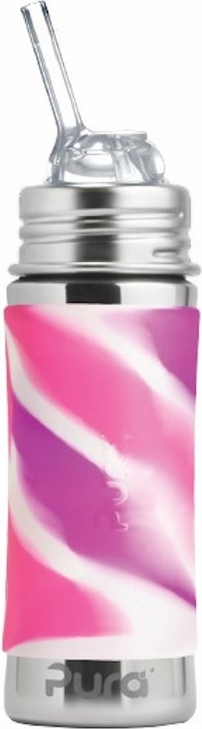 Pura Rietjesfles Free Flow 325 ml - Drinkfles - Bidon - Plasticvrij - Vaatwasserbestendig - Op 2 Manieren te Gebruiken - Medische Kwaliteit Siliconen - Inclusief Siliconen Rietje, Reisdop en Sleeve - Top is Verwisselbaar - Veelzijdig - Pink Swirl