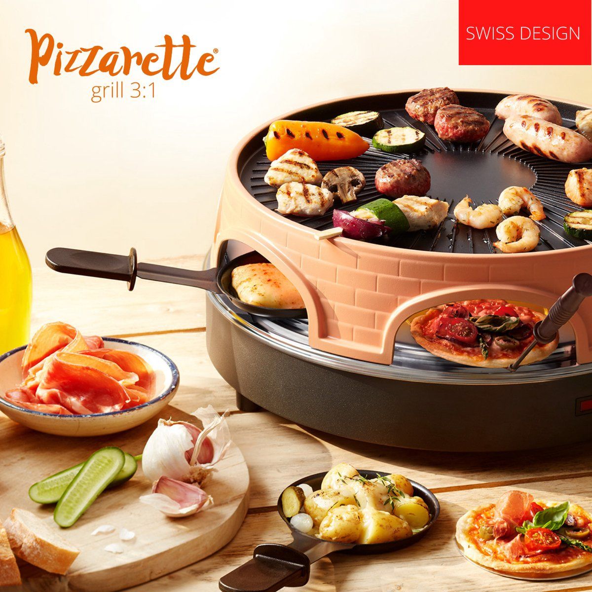 Emerio PO-113255.4 - Pizzarette 3-IN-1 - 6 Persoons - Pizzarette, Zwitserse Raclette en Grill - Geïsoleerde bak spatels - 6 pannetjes