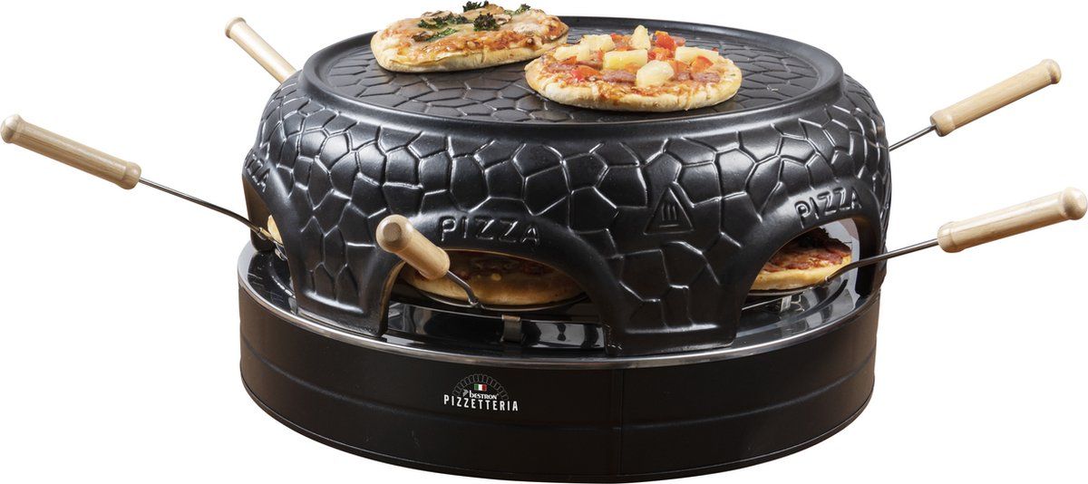 Bestron pizzaoven voor 6 personen, pizzamaker voor kleine pizza's (Ø 10 cm), met keramische koepel, ca. 12-15 minuten baktijd, 860 Watt, kleur: zwart