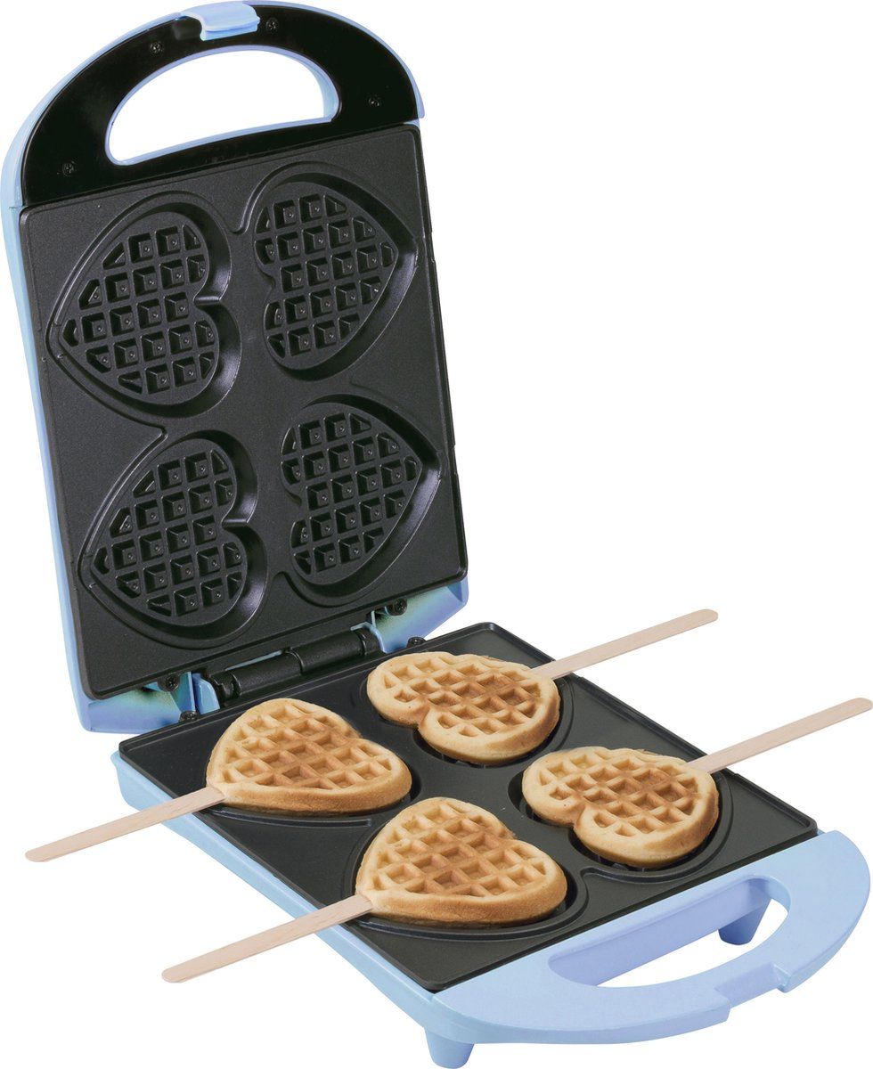 Bestron Wafelijzer voor hartvormige Wafels, Wafelijzer hartvorm op een stokje, Wafelmaker met antiaanbaklaag & indicatielampje, incl. 20 houten stokjes, kleur: Blauw