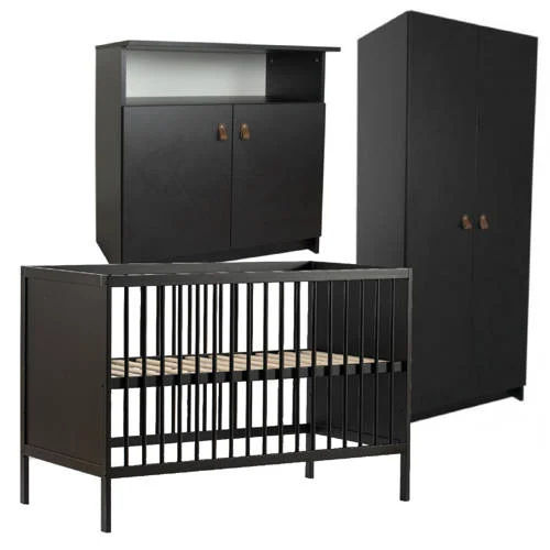 Cabino Babykamer Zwart 3 Delig Baby Bed Lola + Commode Yara + Kledingkast Yara