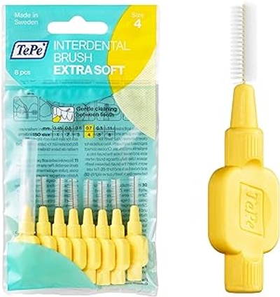 TePe Interdentale rager, Extra Soft, Geel, 0,7mm/ISO 4, 8st, efficiënte reiniging tussen tanden en kiezen, tandfloss, voor smalle ruimtes.