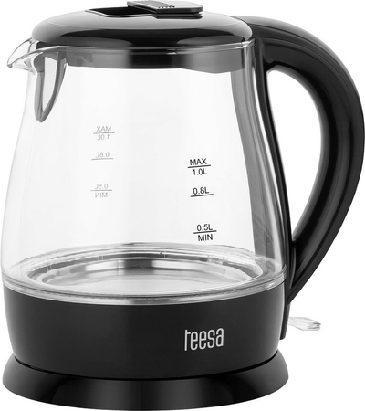 Teesa TSA1030B - Draadloze elektrische waterkoker, 1,0 liter, zwart/glas
