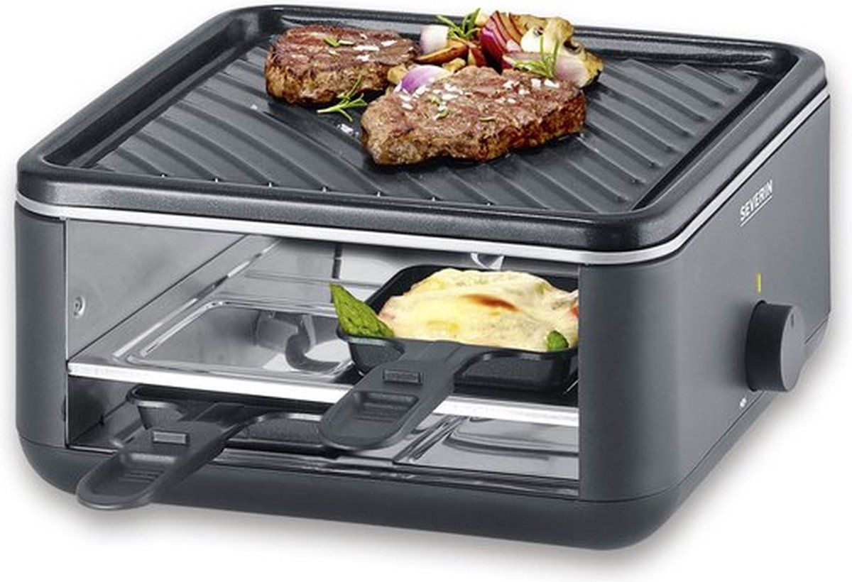 SEVERIN RG 2360 - Black Line Lite Mini gourmetstel - 4 personen - variabele temperatuurinstelling - PFAS vrije baklaag - vaatwasserbestendig - 4 pannetjes met parkeerfunctie