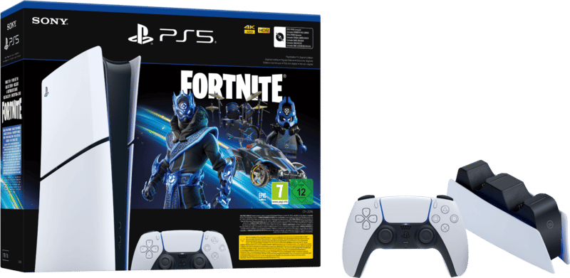 PS5 Slim Digital Edition + Fortnite Voucher + Extra Controller Wit + Oplaadstation