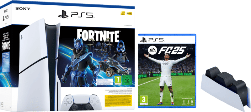 PlayStation 5 Slim Disc Edition + Fortnite Voucher + FC 25 + Oplaadstation