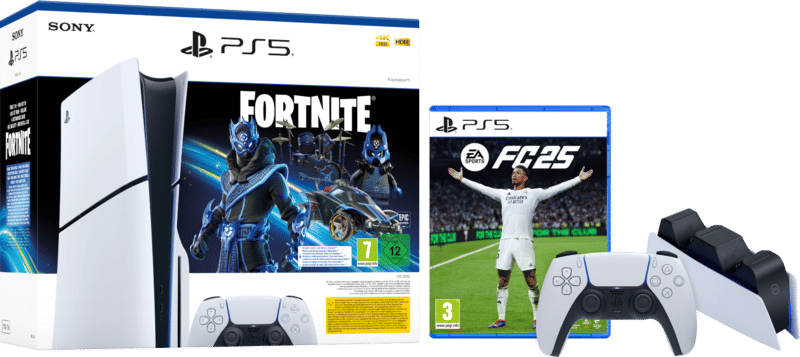 PS5 Slim Disc Edition + Fortnite Voucher + FC 25 + Extra Controller Wit + Oplaadstation