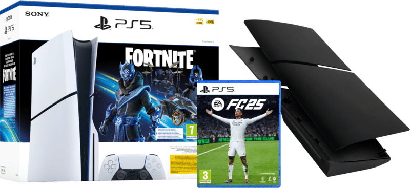 PlayStation 5 Slim Disc Edition + Fortnite Voucher + FC 25 + Covers Zwart