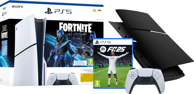 PS5 Slim Disc Edition + Fortnite Voucher + FC 25  + Covers Zwart + Extra Controller Wit