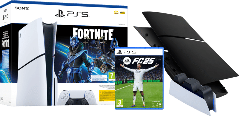 PlayStation 5 Slim Disc Edition + Fortnite Voucher + FC 25 + Covers Zwart + Oplaadstation