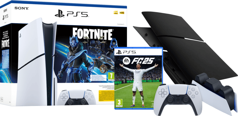 PS5 Slim Disc Edition + Fortnite Voucher + FC 25  + Covers Zwart + Extra Controller Wit