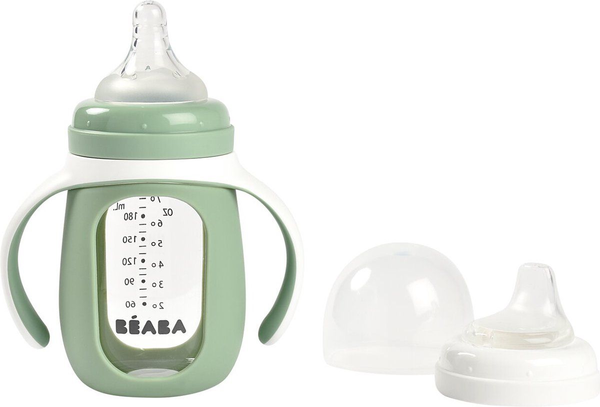 Béaba Trainingsfles 2-in-1 - Glazen waterfles met siliconen hoes - Groen - 210ml