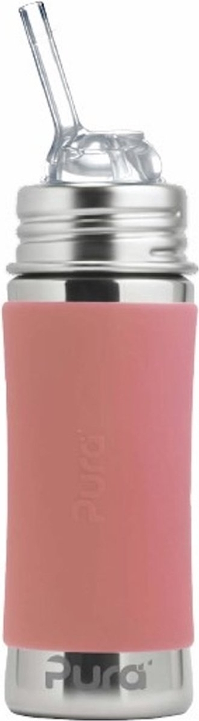 Pura Rietjesfles Free Flow 325 ml - Drinkfles - Bidon - Plasticvrij - Vaatwasserbestendig - Op 2 Manieren te Gebruiken - Medische Kwaliteit Siliconen - Inclusief Siliconen Rietje Free Flow, Reisdop en Sleeve - Top is Verwisselbaar - Veelzijdig - Rose