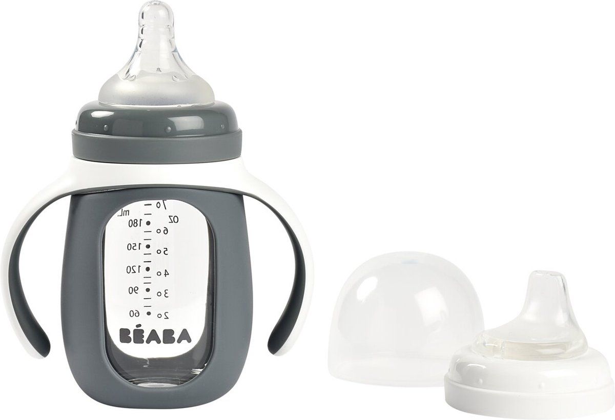 Béaba Trainingsfles 2-in-1 - Glazen waterfles met siliconen hoes - Grijs - 210ml