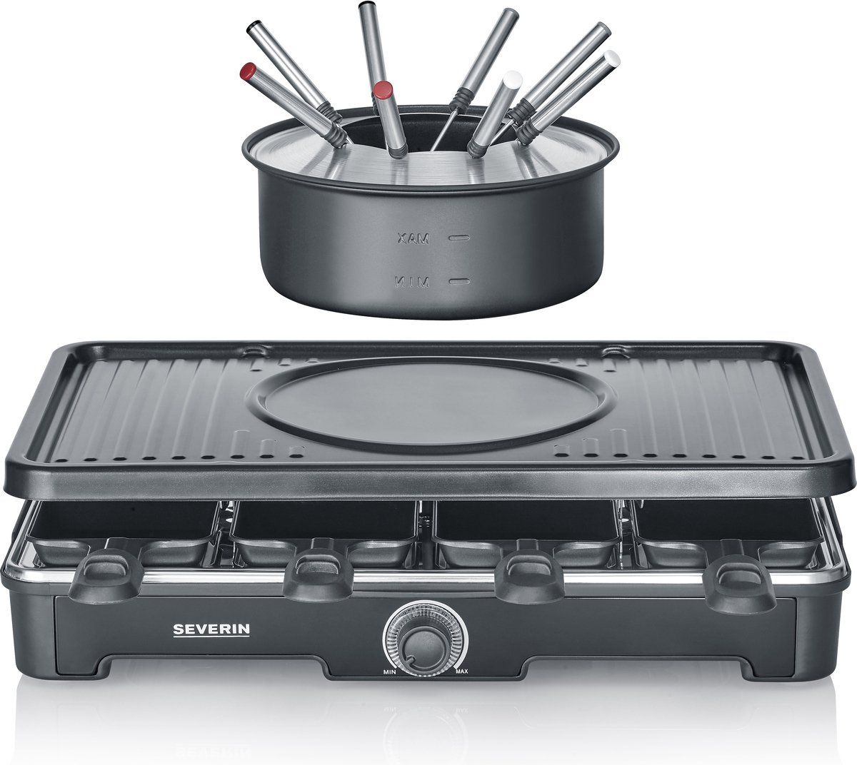 Severin RG 2347 - 2-in-1 Gourmetset & Fondue-pan - 8 personen - Regelbare thermostaat - 8 pannetjes & fondue vorkjes - Zwart