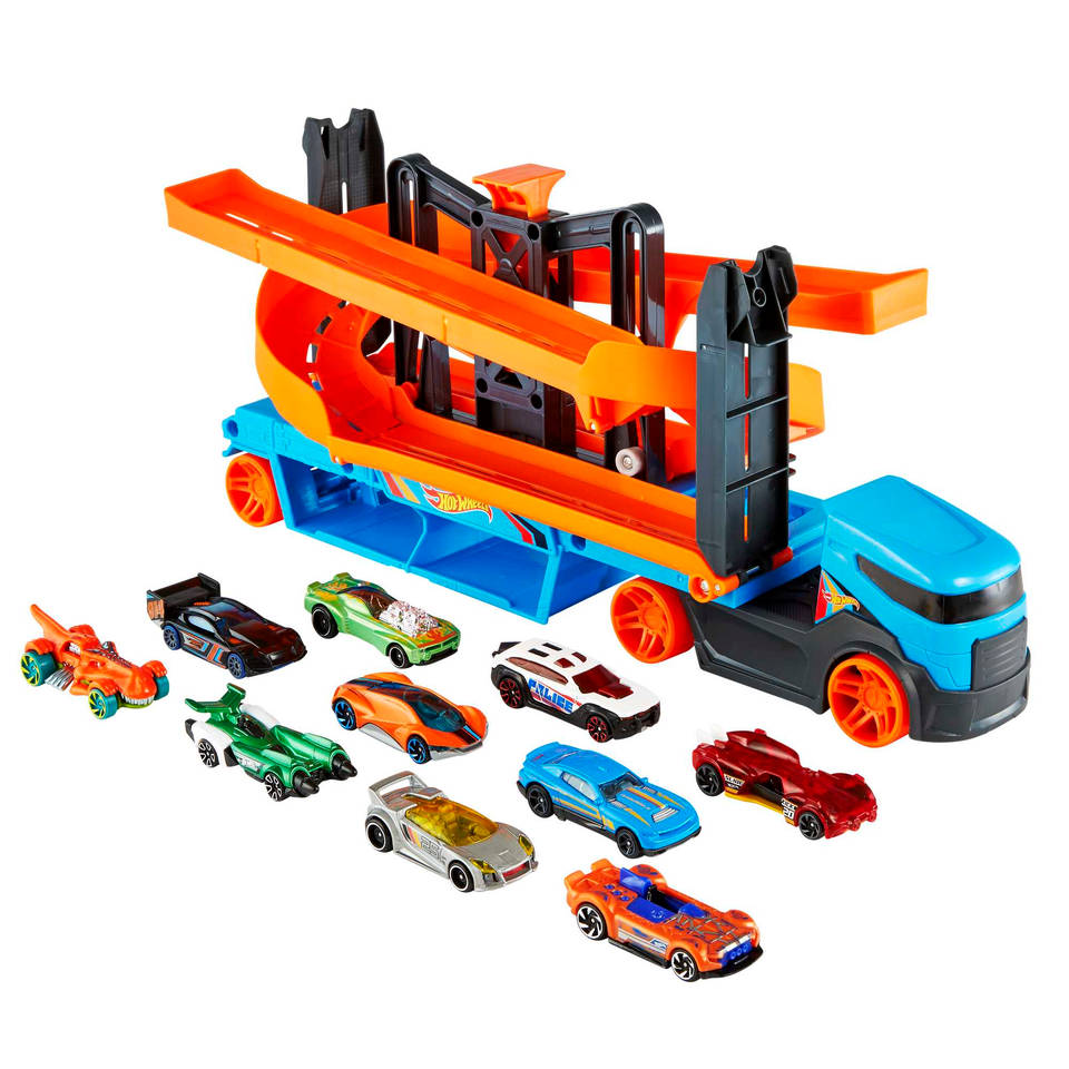 Hot Wheels Lift & Lanceer Trailer + 10 auto's