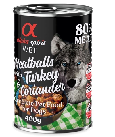 4 + 2 Gratis! Alpha Spirit Gehaktballen voor honden 6 x 400 g - Kalkoen & koriander - natvoer honden