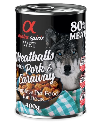 4 + 2 Gratis! Alpha Spirit Gehaktballen voor honden 6 x 400 g - Varkensvlees met komijn - natvoer honden