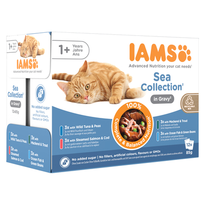 36 + 12 gratis! 48 x 85 g IAMS Kattenvoer - Delights Adult: Sea Mix in Saus (48 x 85 g) - natvoer katten