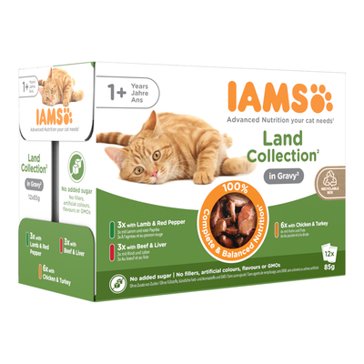 40 + 8 Gratis! IAMS Naturally natvoer 48 x 85 g - Delights Adult: Land Mix in Saus (48 x 85 g) - natvoer katten