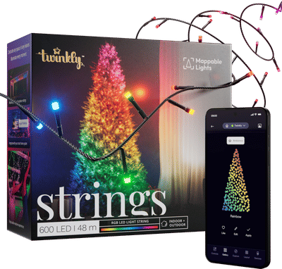 Twinkly Strings Lichtsnoer - 48M - LED - 600LED RGB - Dimbaar - Binnen & Buiten - Bluetooth of Wifi - Werkt met Homekit, Homey, Google Home en Razer Chroma - Zwart