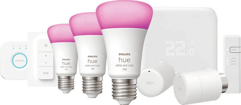 Tado Thermostaat V3+ Startpakket + 2 knoppen + Philips Hue White & Color E27 Starter pack