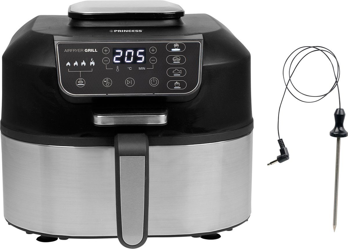 Princess Airfryer Grill XXL 182092 - 2 in 1 Grill en Heteluchtfriteuse - Temperatuurmeter - Groot 5.6 liter - 265 graden - 4 voorgeprogrammeerde programma's - RVS/Zwart