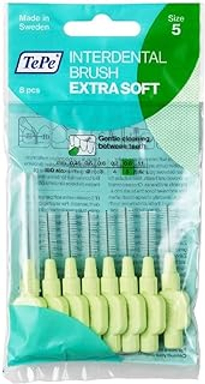 TePe Interdentale rager, Extra Soft, Groen, 0,8 mm/ISO 5, 8st, plakverwijdering, efficiënte reiniging tussen tanden en kiezen, tandfloss, voor smalle ruimtes.