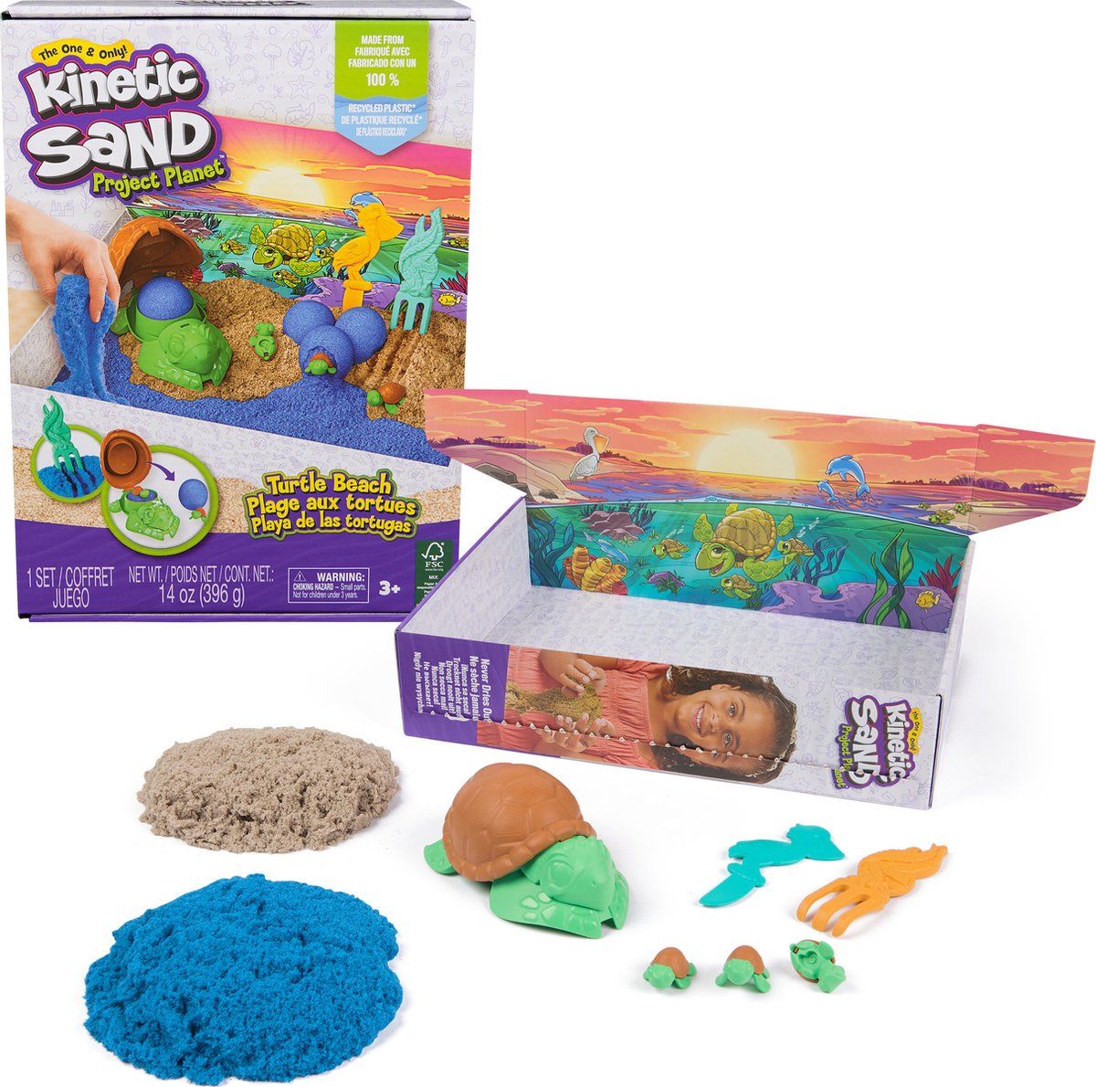 Kinetic Sand Project Planet - Schildpaddenstrand-speelset met 396 g origineel kinetisch zand - gereedschap en vormen - milieuvriendelijk - sensorisch speelgoed