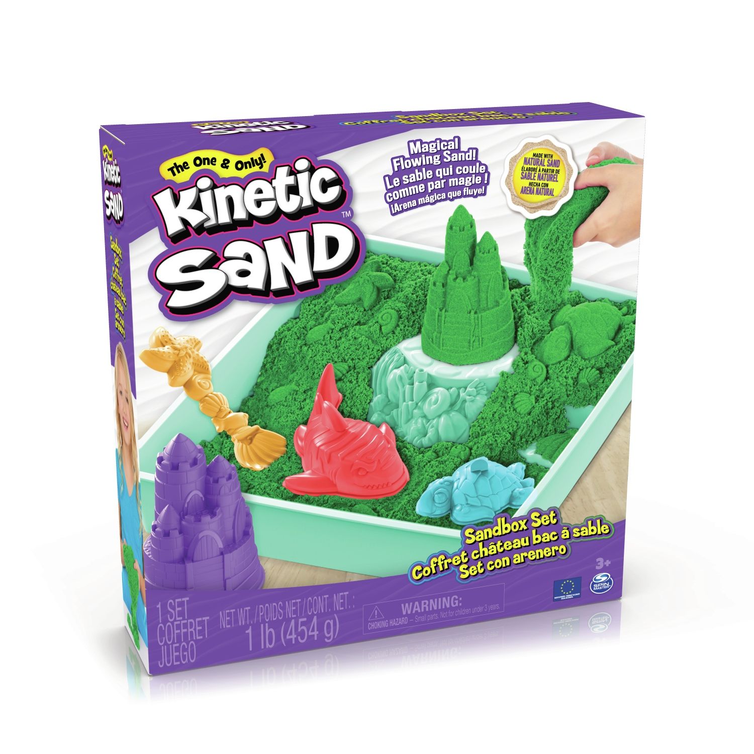 Kinetic Sand - set met 454 g groen origineel kinetisch zand - 4 vormen en gereedschap - Sensorisch speelgoed