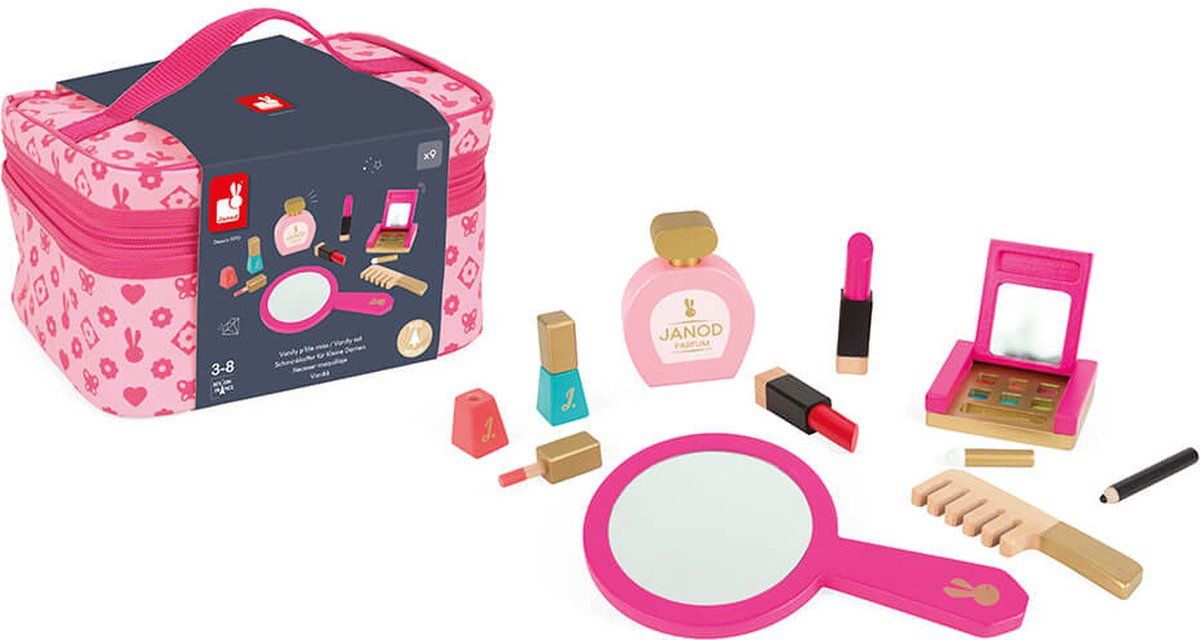 Janod - P'Tite Miss Beautycase - Inclusief 9 Houten Accessoires - Speelgoed Make-up - Tasje Met Rits Om Je Speelgoed Overal Mee Naartoe Te Nemen - Geschikt Vanaf 3 Jaar