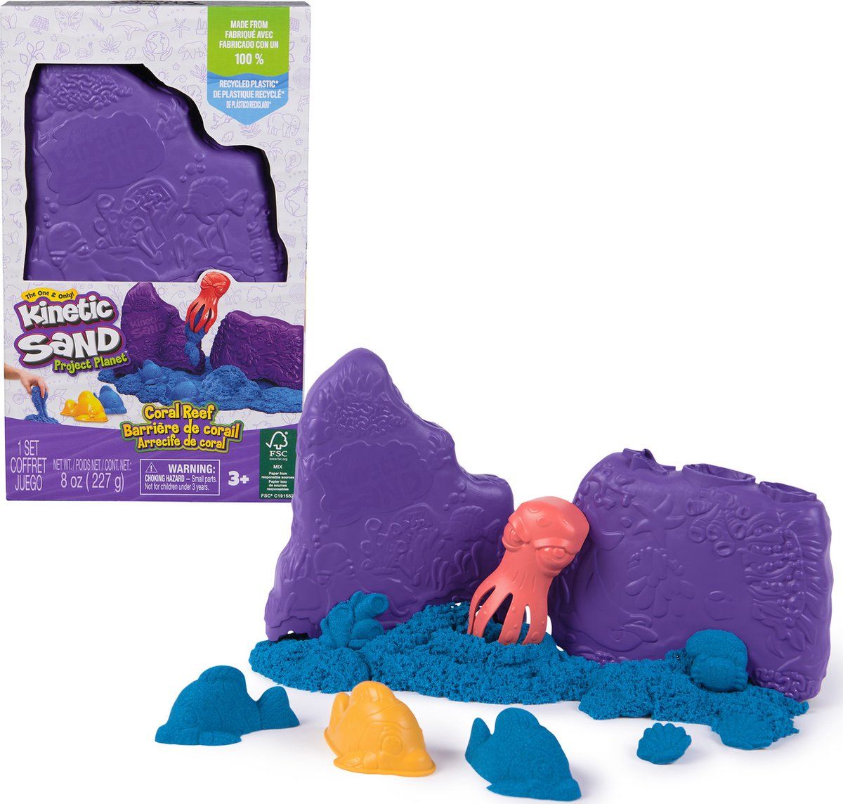 Kinetic Sand Project Planet - Koraalrif met 227 g blauw origineel kinetisch zand en twee soorten gereedschap - milieuvriendelijk - sensorisch speelgoed