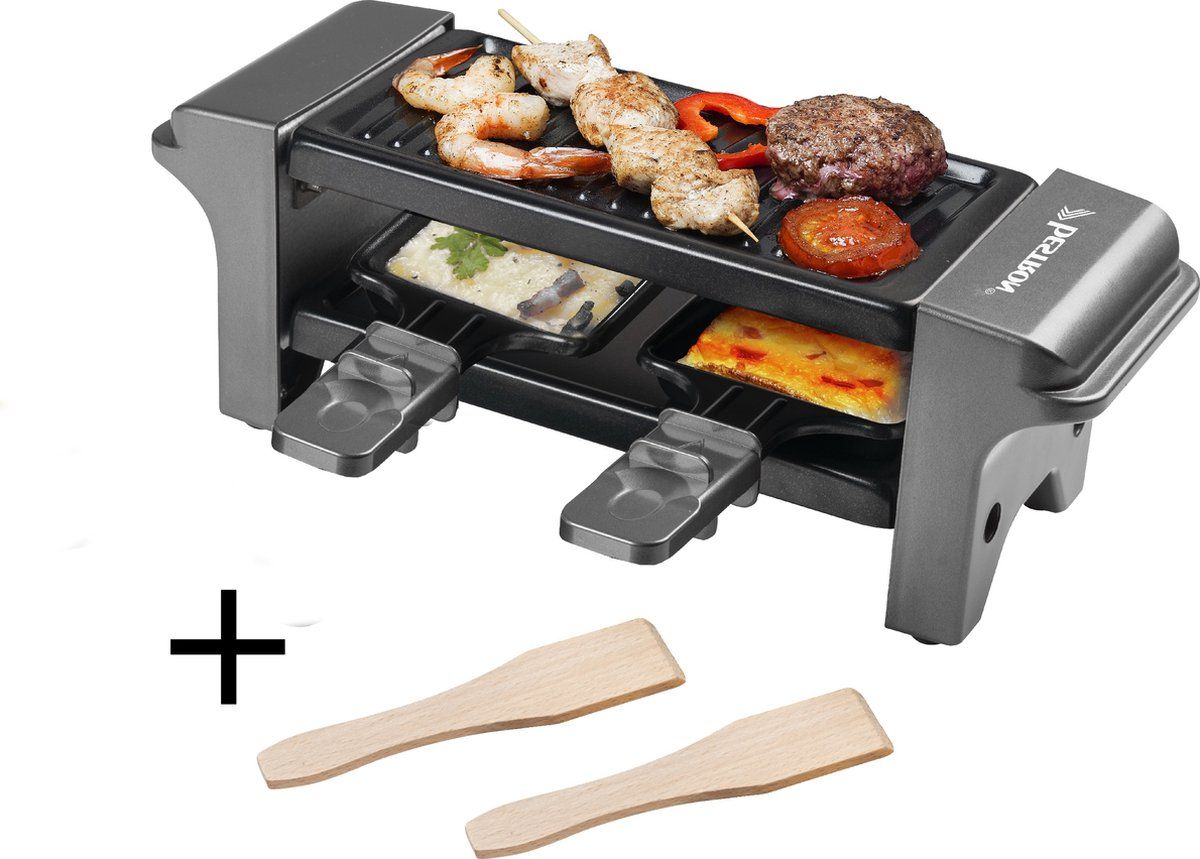 Bestron Mini Raclette, Gourmetstel voor 1 tot 2 personen, incl. 2 pannen & 2 houten spatels, met antiaanbaklaag, 350W, Kleur: Titangrijs