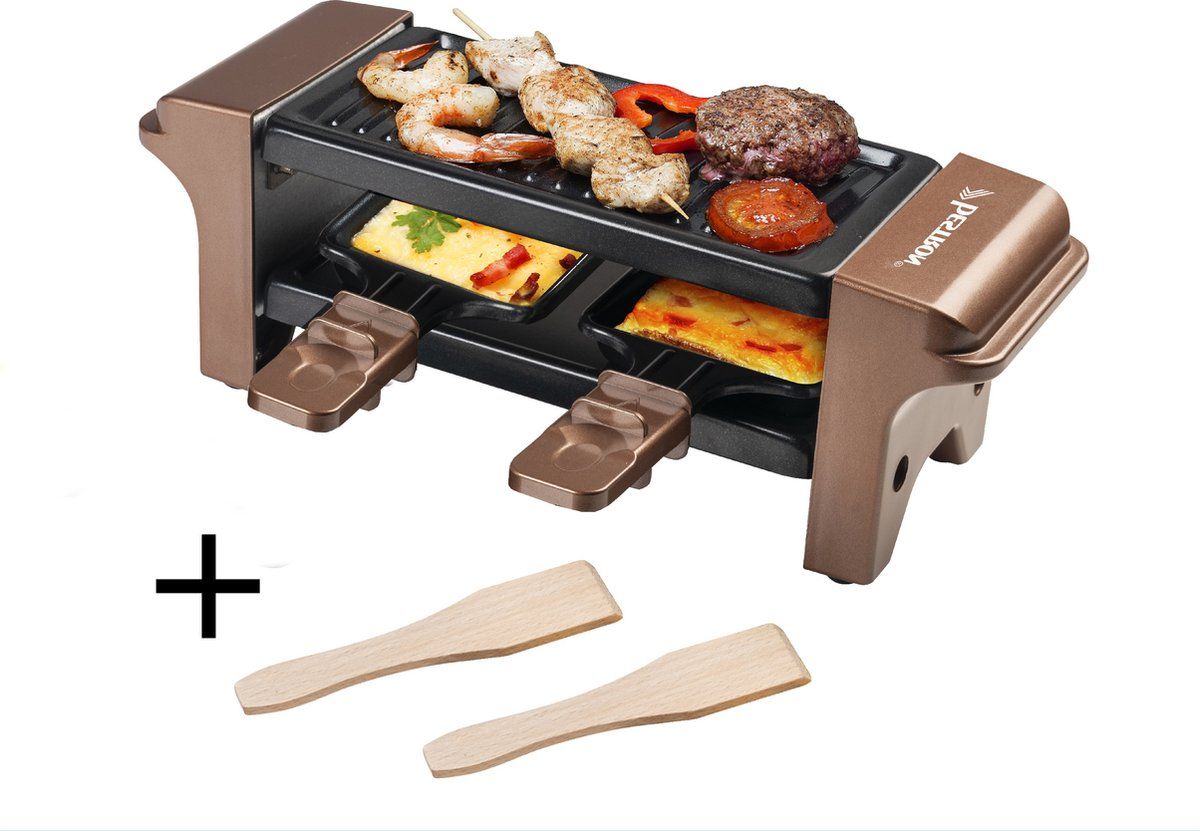 Bestron Mini Raclette, Gourmetstel voor 1 tot 2 personen, incl. 2 pannen & 2 houten spatels, met antiaanbaklaag, 350W, kleur: Koper