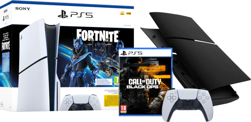 PS5 Slim Disc Edition + Fortnite Voucher + Black Ops 6  + Covers Zwart + Extra Controller