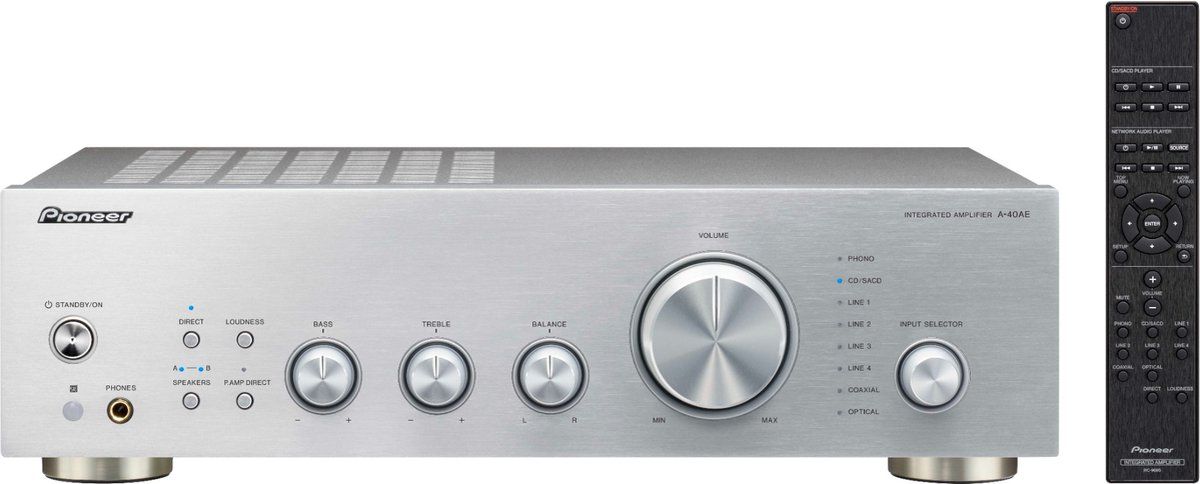 Pioneer A-40AE Silver Geïntegreerde versterker | 2.0 | Speaker A/B | Tone Control | Loudness | Analoge ingangen | Phono MM | Digitale ingangen | Source Direct | Hoofdtelefoonuitgang | Afstandsbediening | Totaal uitgangsvermogen: 2x 60 W